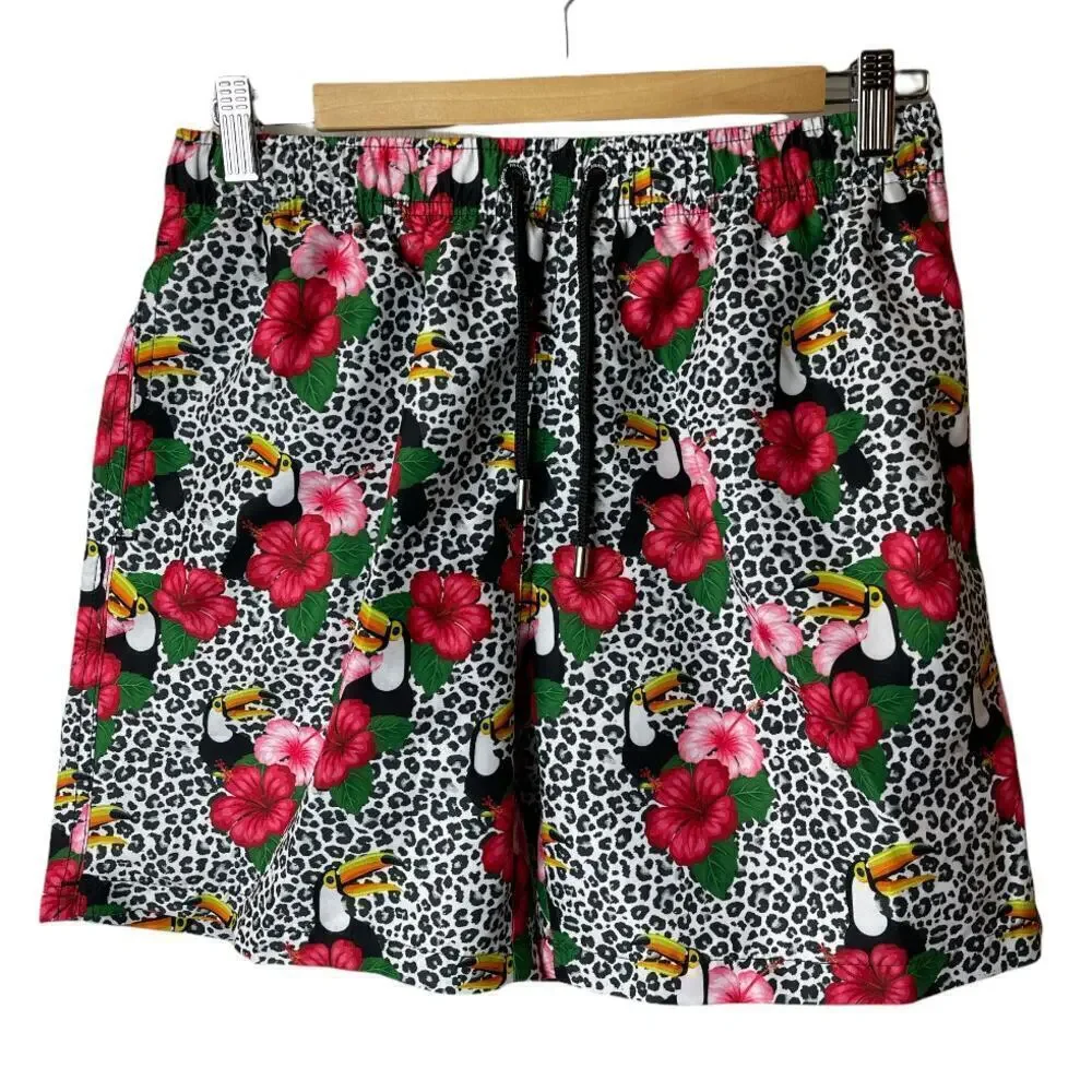 Franks Black Multicolor Tropical Print Swimming Trunks Men's Size L NWT